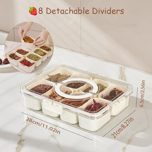 Divided Clear Snack Serving Tray with Lid & Handle, 8 Compartments Snackle Box Charcuterie Board Container Storage Organizer for Fruit Candy Veggie Snacks, Perfect for Travel Picnic, 2PCS