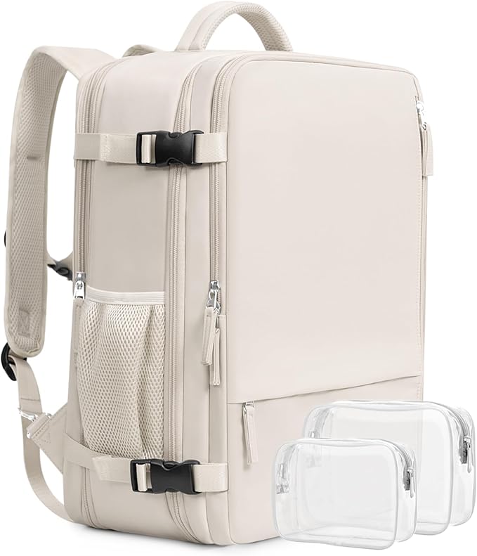 Beraliy Travel Backpack, Large Carry On Backpack, Personal Item Travel Bag, Airline Approved 17 Inch Laptop Backpack, College Weekender Business Hiking Bag, Beige