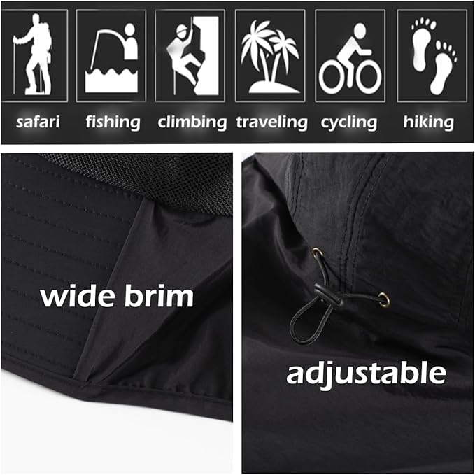LLmoway Wide Brim Sun Hat with Neck Flap for Men Women Summer Outdoor UV Protection Breathable Fishing Hats with Strap