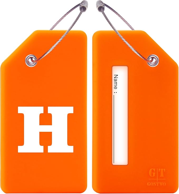 Gostwo 2 Pack Silicone Luggage Tags for Suitcases, 26 Initial Letter Baggage Labels Handbag School Bag Suitcase Instrument Tag with Stainless Steel Loop(Orange)(Letter H)