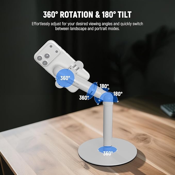 NEEWER Basics Cell Phone Stand for Desk, Adjustable Office Bed Table Phone Mount Holder Clamp with Weighted Metal Base, Compatible with iPhone Video Recording, ST006 White