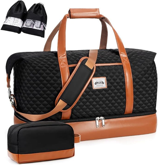 Weekender Bags for Women, Travel Duffle Bag Carry On Travel Bag Overnight Bag with Shoe Compartment Toiletry Bag, Large Weekend Tote Bag Gym Bag Hospital Bag for Labor and Delivery, 50L Quilted Black