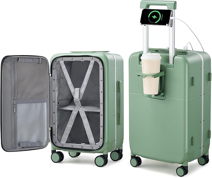 Hanke 24 Inch Luggage with Cup Holder and Charge,Top Opening Hard Shell Suitcases with Wheels and Dividers,Aluminum Frame Trunk Luggage Medium Checked Suitcase with Lock for Travel,Forest Green