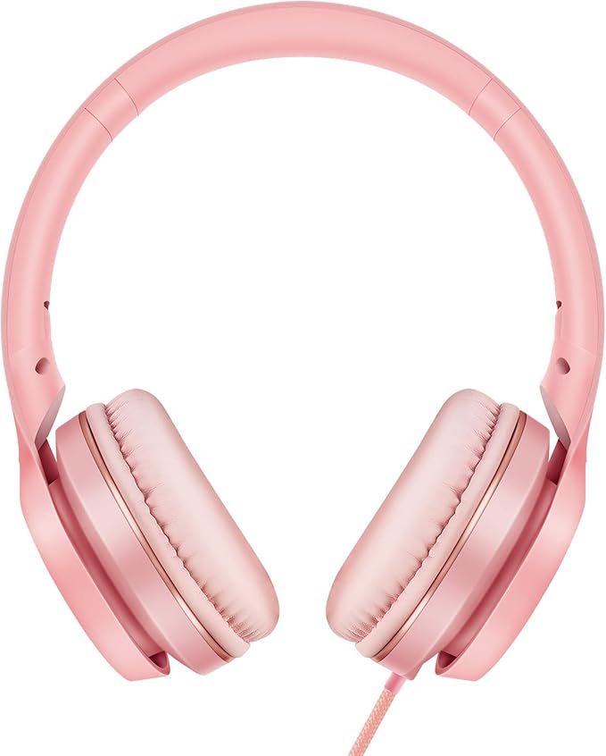 LORELEI S9 Wired Headphones with Microphone for School，On-Ear Kids Headphones for Girls Boys，Folding Lightweight and 3.5mm Audio Jack Headset for Phone, Ipad，Tablet, PC, Chromebook (Pearl Pink)