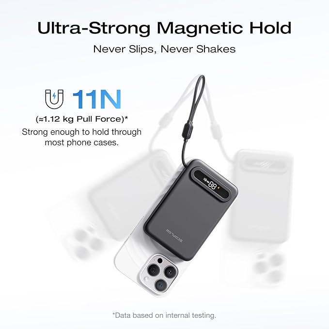 EF ECOFLOW Rapid Mag Power Bank 10,000mAh, Qi2.2 25W Wireless Charging, 0.6'' Slim Magnetic Portable Charger, Built-in USB-C Cable, Qi2 Certified Magsafe-Compatible Battery for iPhone 17/16/15, Black