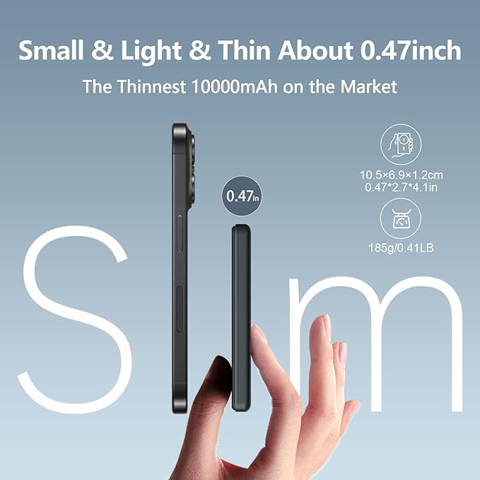 LUCKYDUO Ultra Slim 10000mAh for Magnetic Portable Charger,0.47IN Thin Wireless Magnetic Power Bank, Compact Battery Pack with PD 20W Two Way USB-C Charging,Compatible with iPhone 16/15/14/13 Series