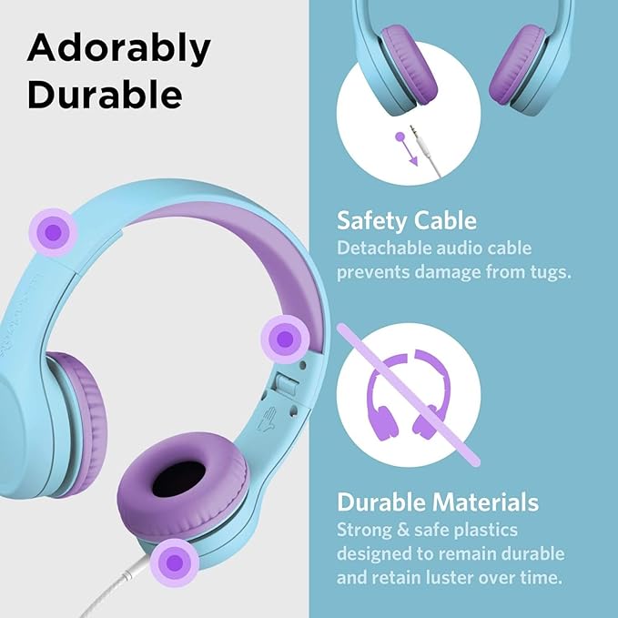 LilGadgets Connect+ Foldable Headphones, Adjustable Fit Soft Touch Padding for Kids with Mic, Volume-Limited & Noise Reduction On-Ear Wired Headset for School with SharePort - Blue/Purple, Ages 3-14