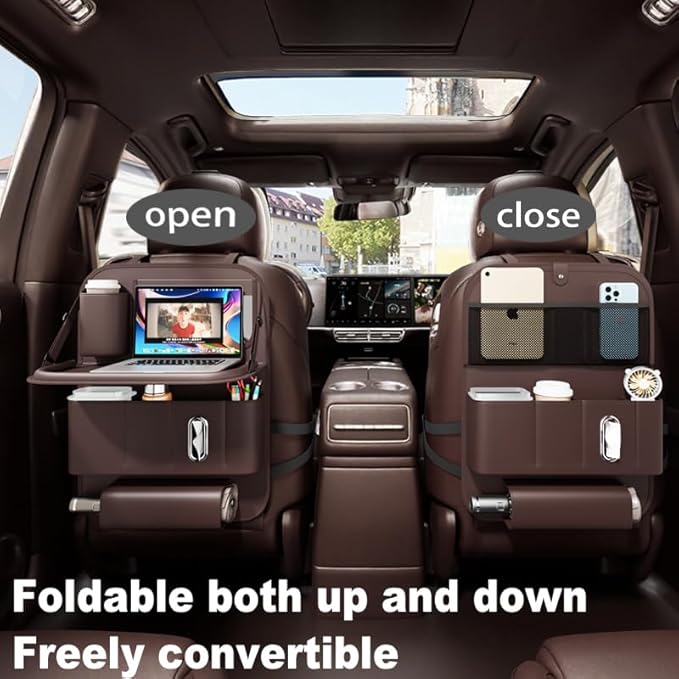 GMQ Backseat Car Organizer with Tray 1 Pack,Car Backseat Organizer with Foldable Table for Kids,Multifunctional Seat Back Organizer with Storage Pockets Car Storage Organizer (Coffee Brown)