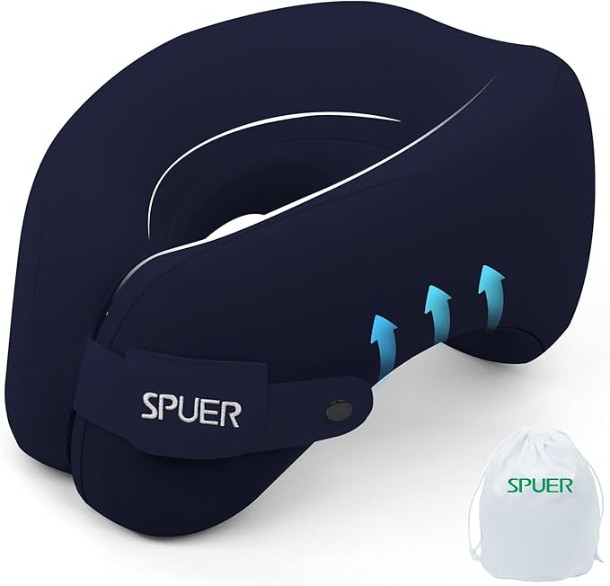 2in1 Ergonomic Memory Foam Travel Neck Pillow – 2025 Upgrade Travel Pillow for All Sleep Positions on Flights, Road Trips, and Long Distance Travel with Drawstring Bag (Adjustable - Navy Blue)