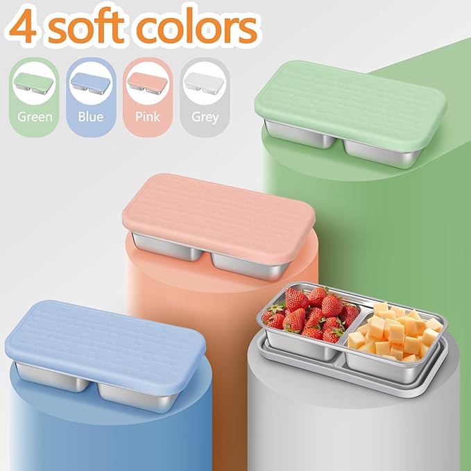 PTYTIFY 4 Pack Stainless Steel Snack Containers with Lids, 2 Compartment Snack Containers, Reusable Food Containers for Home, Travel, Outdoor