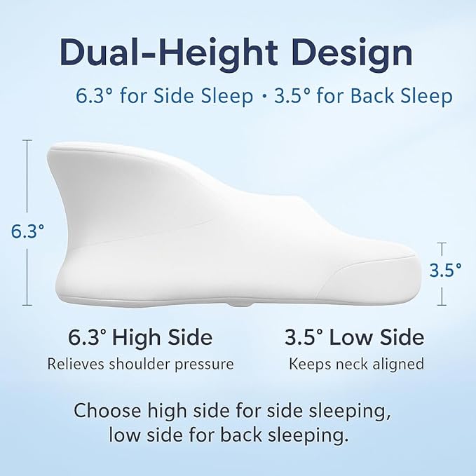 Dual-Height Cervical Neck Pillow for Pain Relief, Memory Foam Pillows with Cooling Tech -3D Ergonomic Support, Cooling Cover, for Side/Back/Stomach Sleeper Pillow, Minimalist Style - White