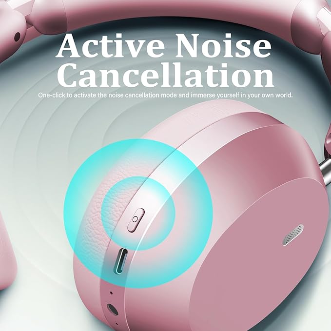 Wentronic Y04 Bluetooth Headphones Active Noise Cancelling Wireless Over Ear Headphones 48 Hours Playtime High Sound Quality Foldable Headphones with Soft Ear Cushion for Travel - Pink