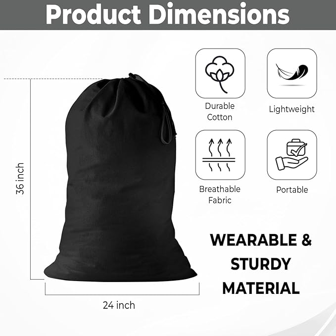 2 Pack - Extra Large Cotton Laundry Bag, Heavy Duty Large Laundry Bags 24 x 36 inch XL Drawstring Travel Organizer Bag Fit Hamper Basket Camp (Dark Grey, Pack of 2)