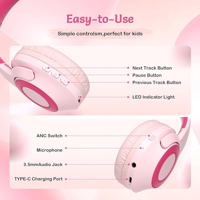 Kids Bluetooth Headphones with ANC, Wireless Over-Ear Headset for Boys and Girls, Foldable & Adjustable, Ideal for School, Travel and Online Learning (Pink)