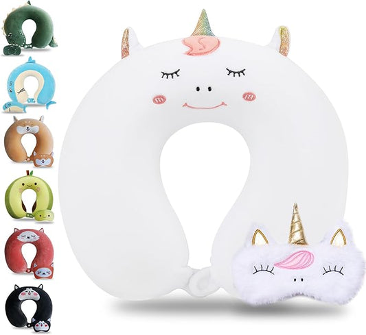 Sexysamba Cartoon Headrest & Neck Pillow for Kids Boys & Girls, Teens, Travel Accessories for Recline, Car, Airplane, Memory Foam Cute Travel Pillow with Sleep Eye Mask - White Unicorn