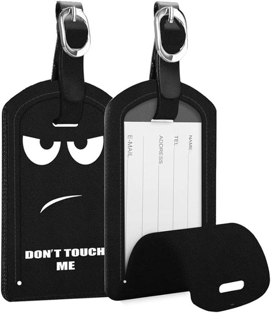 FINTIE 2 Pack Luggage Tags, Leather Name ID Labels with Privacy Cover for Travel Bag Suitcase, Theme - Don't Touch Me