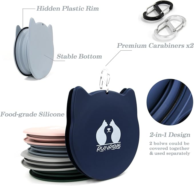 RUNROLE 2-in-1 Collapsible Silicone Dog Travel Bowls, Slot Together and Use Separately, Portable Pet Food Water Bowls, Foldable Cat Feeding Watering Dishes, 20OZ+27OZ(Navy Blue)