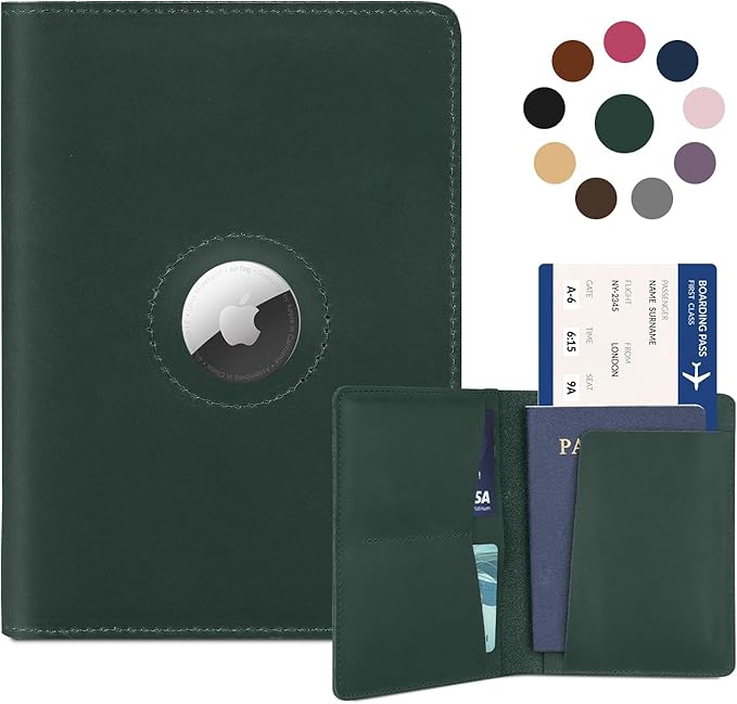 Airtag Passport Holder for Men Women Travel, Real Leather Passport Wallet, Handmade Passport Cover Case with Airtag Slot, Travel Must Haves Essentials Accessories Birthday Gifts (Crazy Horse, Green)