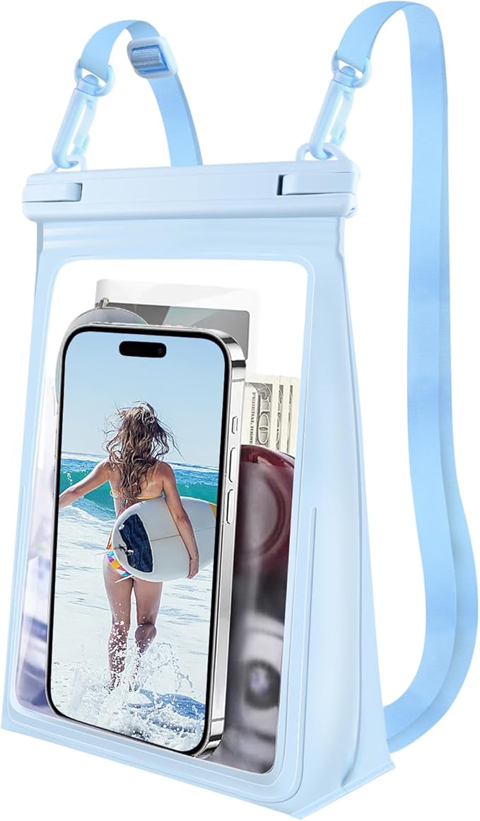 Large Waterproof Phone Pouch Floating, [Double Seals] IPX8 Waterproof Pouch for Beach Vacation, Cell Phone Dry Bag for iPhone Samsung Google All Phones Light Blue