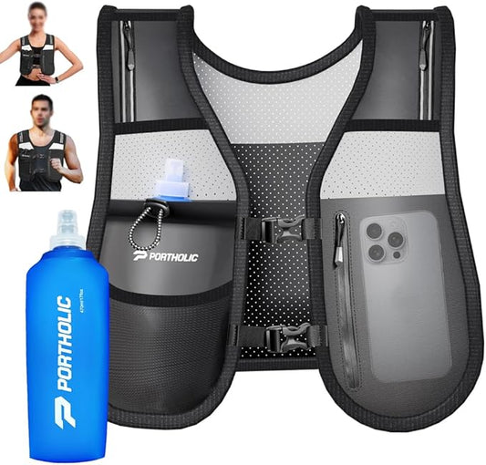 PORTHOLIC Running Vest for Women Men with 17oz Water Bottle |Adjustable Hydration Vest|Reflective |Lightweight |6 Pockets |Breathablefor Running Accessories for Hiking