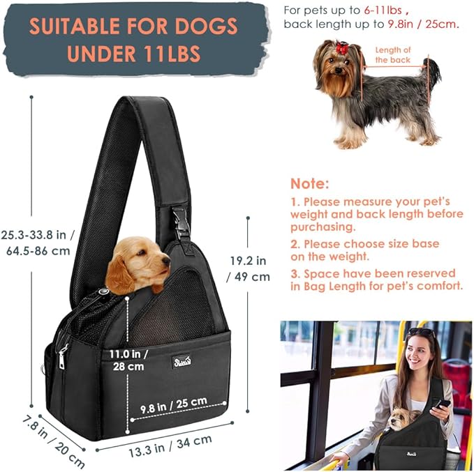 SlowTon Pet Dog Sling Carrier, Hands Free Hard Bottom Papoose Small Animal Puppy Up to 11 lbs Travel Bag Tote Breathable Mesh Support Adjustable Padded Strap Pocket Safety Belt Machine Washable