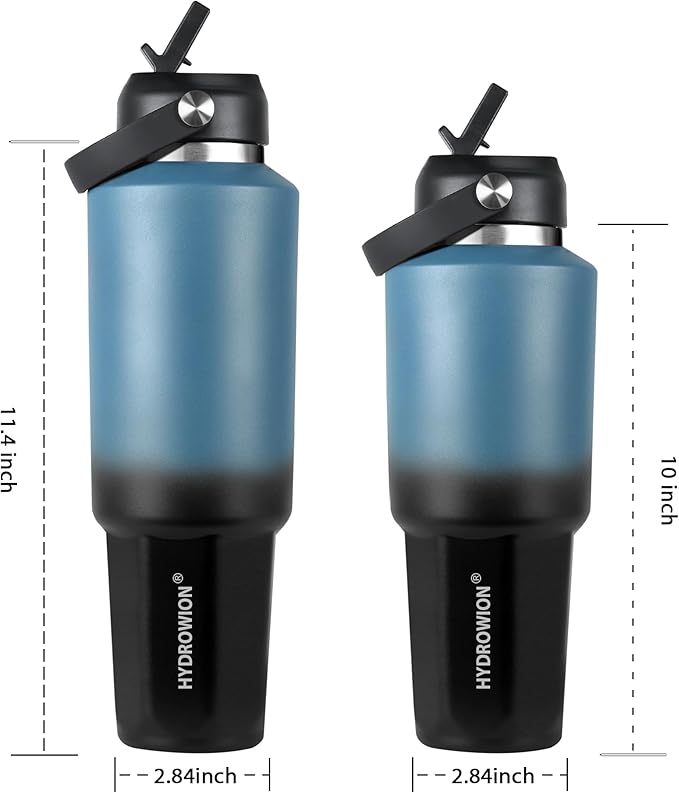 HYDROWION 32 oz Insulated Water Bottle, Car Water Bottle Holder - Double Wall Vacuum Insulated Travel Bottle with Straw Lid, Spout Lid and Flex Cap - Cold for 24H, Hot for 12H, Blue - Black