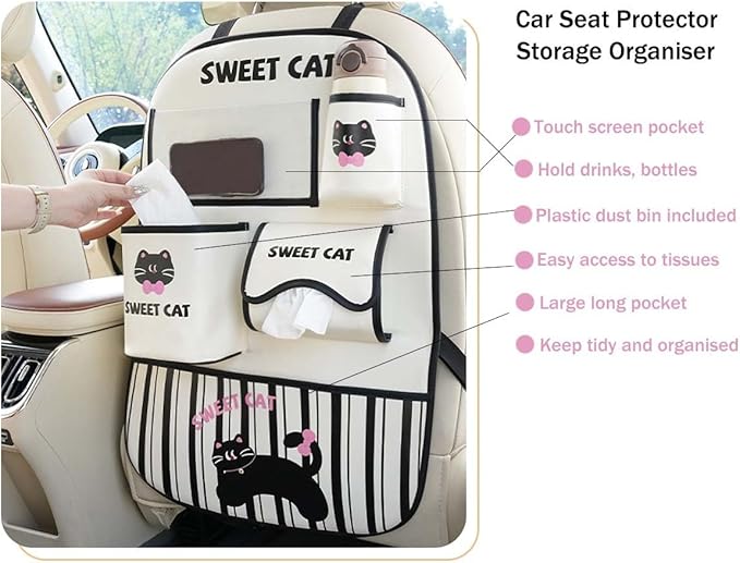 YUNZLAN Leather Backseat Car Organizer, Kick Mats Back Seat Protector with Touch Screen Tablet Holder Back Seat Organizer for Kids with 4 Storage Pockets Travel Accessories (BeigeBlackCat)