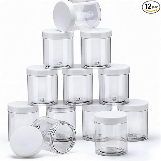 12 Pack 5 oz Plastic Container Jars with Lids Round Clear Travel Cosmetic Container Jars for Toiletries, Lotion, Cream, Ointments, Makeup, Rhinestone, Samples, Kitchen Storage (White)