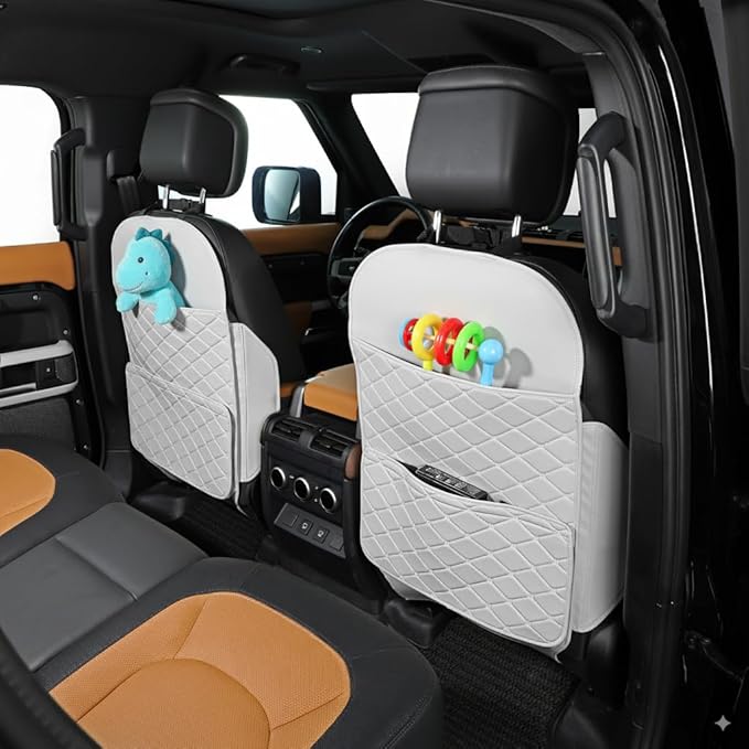 Seat Back Protector + Large Capacity Pocket Storage Organizer,Preventing the Impact of Children Stepping on the Seat Backrest (Cream White)