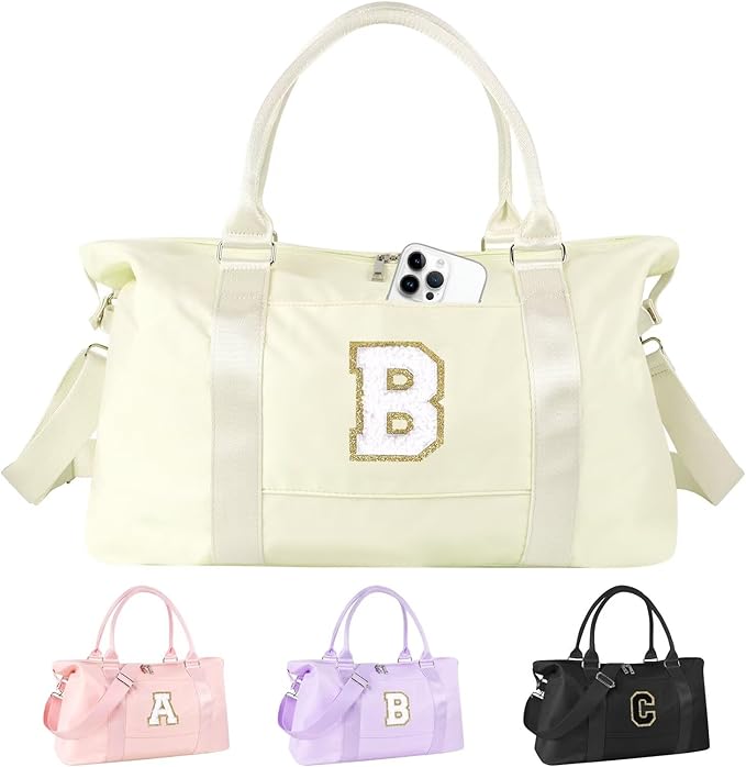 Dance Gym Duffel Bag for Teen Girls, Personalized Initial Travel Weekender Bag,Cute Overnight Carry On Duffle for Women,Sports Travel Cheer Bag,Monogram Christmas Gifts for Tween Preppy(beige-B)