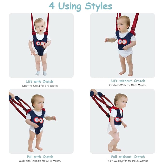 Baby Walking Harness Handheld Baby Walker Assistant Belt Adjustable Toddler Infant Safety Harnesses Standing Up Walking Learning Helper with Detachable Crotch for 9-24 Month (DarkBlue Owl)