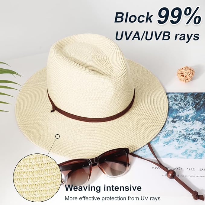 DRESHOW Women Straw Panama Hat Travel Fedora Beach Sun Hat Summer Wide Brim Straw Roll up Hat UPF 50+