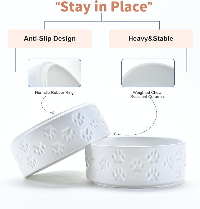 SPUNKYJUNKY Ceramic Dog and Cat Bowls 2 Pack, 5.1'' Dog and Cat Food Water Double Feeding Bowls Non-Slip for Cats and Puppy Small Sized Breed Dogs Microwave Dishwasher Safe - 13.5 OZ, 2pcs, Paw White