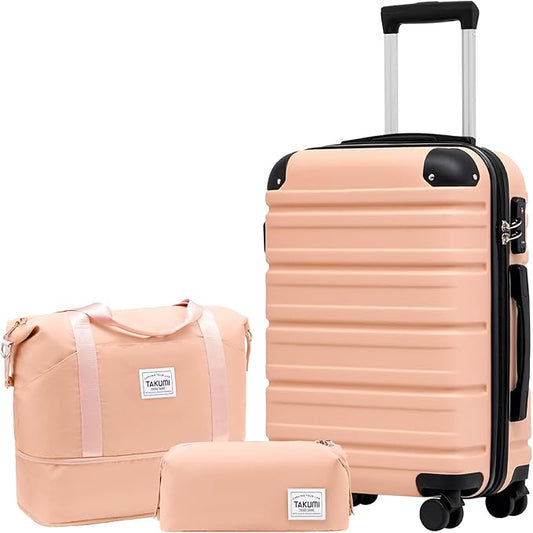 TAKUMI Carry On Luggage Set 3 Piece ABS+PC Hardshell Suitcases with Duffel Bag Double Spinner Wheels Travel Luggage with TSA Lock Lightweight Suitcase Set(PINK, 3 PIECE SET(20/DB/TB))