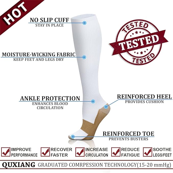 QUXIANG Copper Compression Socks for Women & Men Circulation (8 Pairs) - Best for Running Athletic Cycling - 15-20 mmHg