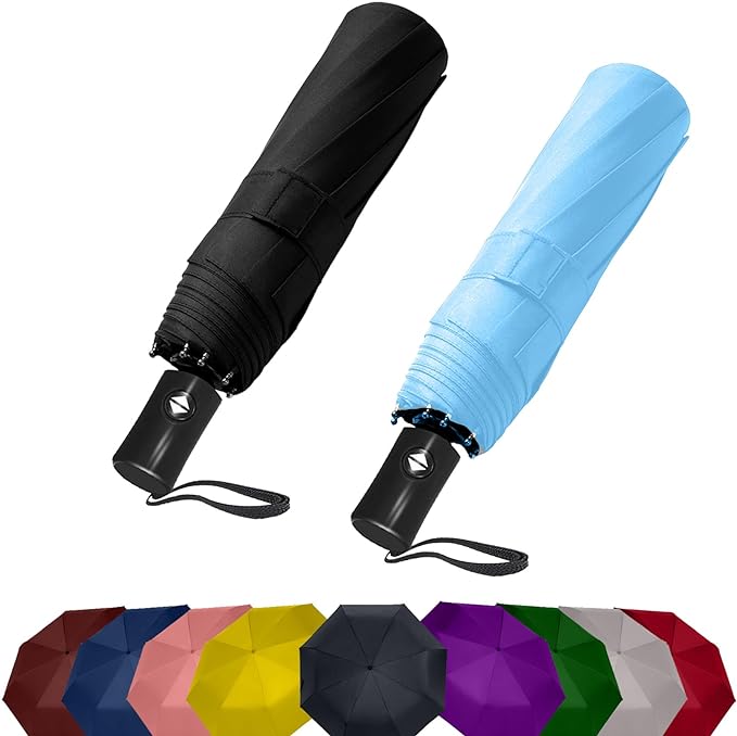 SIEPASA Two Packs Auto Open & Close Small Travel Umbrella Compact for Backpack-Umbrellas for Rain, Lightweight Strong Mini Portable Umbrellas for Men and Women.. (Black & Light Blue, 2 Pack)