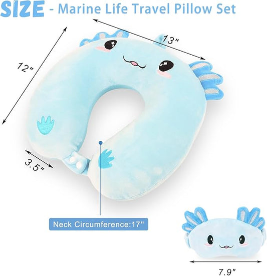 Travel Pillow, Kids Travel Pillow with Sleep Eye Mask Soft Memory Foam Kids Neck Pillow for Boys & Girls, Travel Accessories for Car Airplane Traveling - Blue Axolotl
