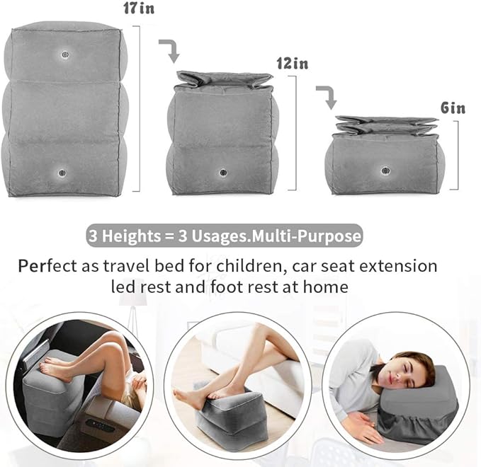 ZIQIAN Inflatable Travel Foot Rest Pillow Portable Adjustable Three Layers Height Foot Stool for Airplanes, Cars, Home, Trains, Office to Lay Down or Sleep on Long Flights with Pump (Gray 2PACK)