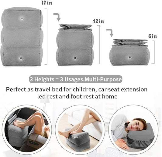 ZIQIAN Inflatable Travel Foot Rest Pillow Portable Adjustable Three Layers Height Foot Stool for Airplanes, Cars, Home, Trains, Office to Lay Down or Sleep on Long Flights with Pump (Gray 2PACK)