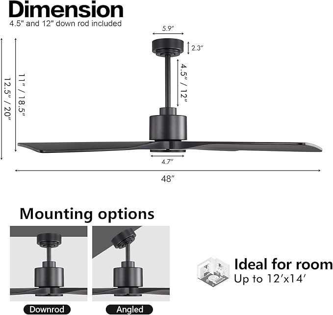 WINGBO 48" DC Ceiling Fan without Lights, 4 Carved Solid Wood Blades, 6-Speed Noiseless Reversible DC Motor, Modern Ceiling Fan No Light with Remote, Matte Black Finish with Black Blades, ETL Listed