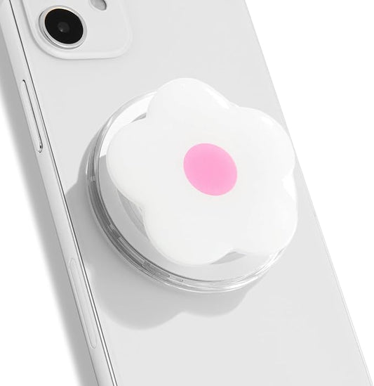 OnTheGrip Compatible with Magsafe Magnetic Cute Solid Color Daisy Flower Design Collapsible Mobile Phone Grip Stand Holder for Smartphone Tablet Cell Phone Accessory (White Pink)