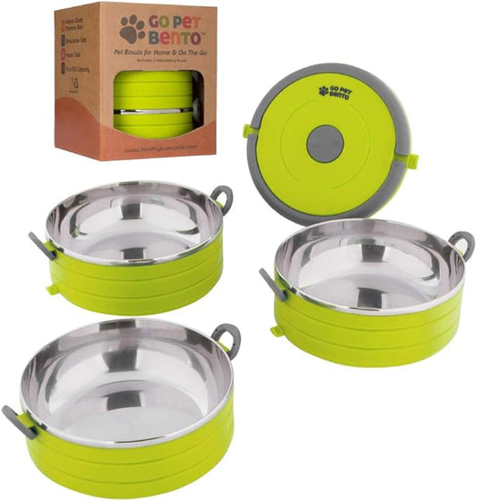 Healthy Human Travel Pet Bento Bowls - Human-Grade Stainless Steel & BPA-Free, Leak-Proof Water & Food Container Set for Dogs & Cats, 3-Pack Interlocking Bowls, Includes Spare Clips & Handle (Green)