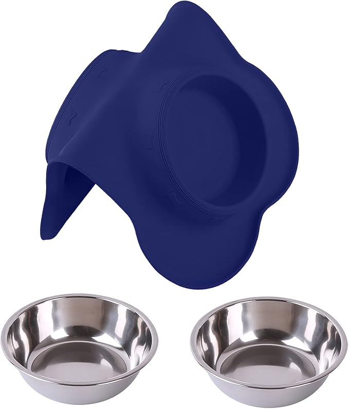 Hubulk Pet Dog Bowls 2 Stainless Steel Dog Bowl with No Spill Non-Skid Silicone Mat + Pet Food Scoop Water and Food Feeder Bowls for Feeding Small Medium Large Dogs Cats Puppies (Large, Navy Blue)