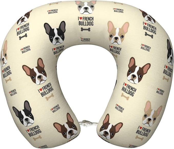 Comfortable Memory Foam Travel Neck Pillow, Funny Chin/Head Cushion Supporting Airplane Car Pillows I Love French Bulldog for Sleeping Outdoors Travel Office