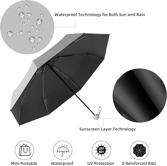 Travel Mini Compact Folding Umbrella with Case - UV Sun & Rain Protection, Lightweight Portable Pocket Umbrella for Women Men Kids, Fits Purse Backpack