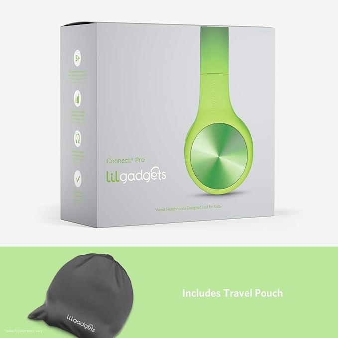 LilGadgets Connect+ Pro Wired Kids Headphones for School with Microphone, Volume Limiting Over-Ear Headset with Cord, SharePort Technology & SoftTouch Padding, Green