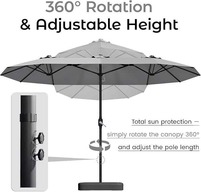 15ft Patio Umbrella with Base,Large Outdoor Double-Sided Rectangle Umbrella with Crank Handle, Market Umbrella for Poolside Garden Deck Backyard Beach Pools, Gray