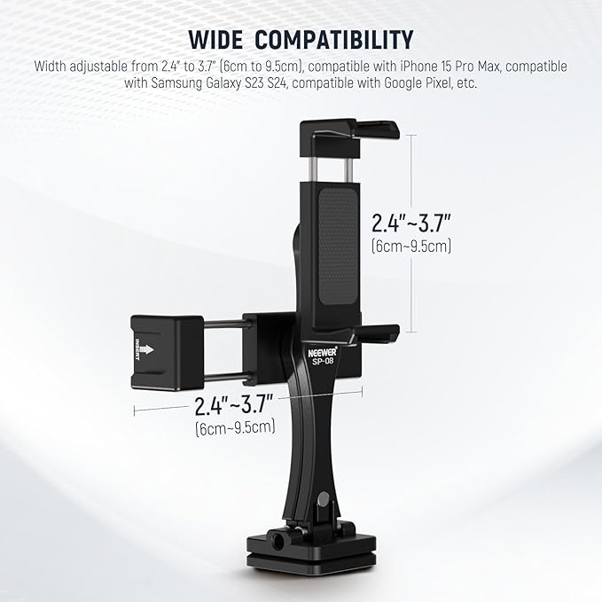 NEEWER Metal Phone Tripod Mount Adapter with Arca QR Base, 360° Rotatable Dual Cell Phone Clip Clamp Holder with 4 Cold Shoes Compatible with iPhone Samsung for Vlog Live Stream Video Recording, SP-08