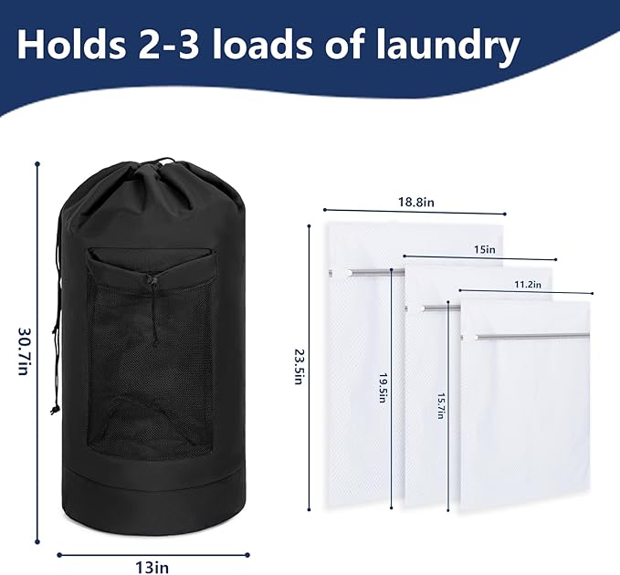Laundry Bag Backpack with 3 Sizes Mesh Wash Bags and Shoulder Straps Foldable Clothes Hamper Bag with Drawstring Closure for College, Apartment, Laundromat (Black)