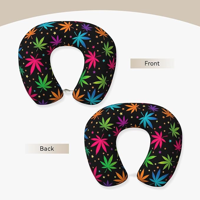 Unique Travel U Shaped Pillows Neon Weedleaf Trippy Leaves for Airplanes Car Flight, Comfortable Chin Head Neck Cushion Supporting, Polyester Removable Cover